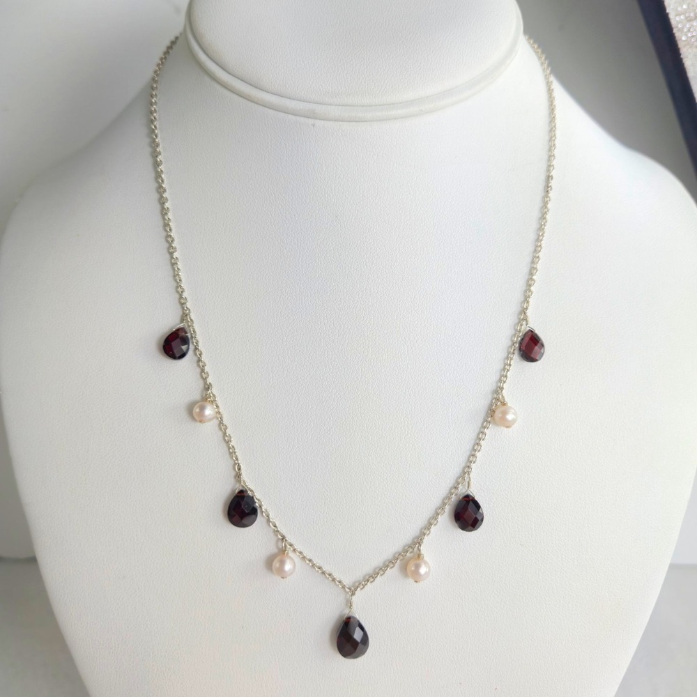Sterling Faceted Garnet Fresh Water Pearl Necklace Dangle‎ Beaded 925  Sri Lanka